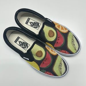Vans Custom Made Fruit Print Black Slip Ons